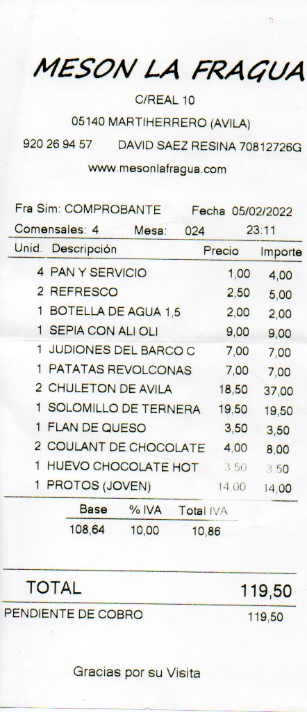 Ticket. Mesón La Fragua (Ávila).