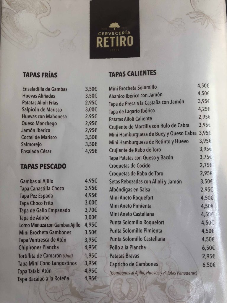 Carta de la Cervecería El Retiro (Jerez Fra.).